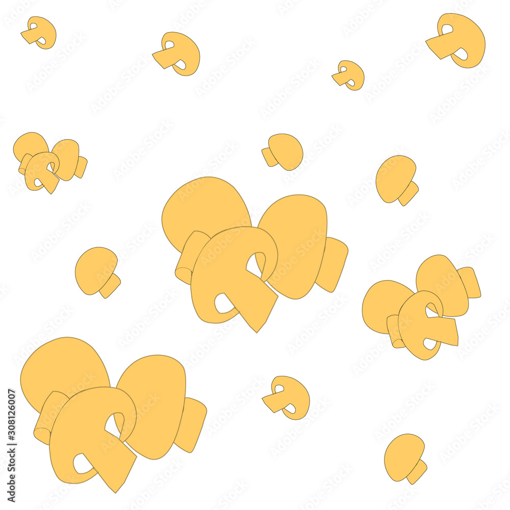 Large Mushroom set of vector illustrations in flat design isolated on white. Champignon. Autumn harvest of mushrooms. Pattern for fabric or wallpaper in the room for the child. Large Mushroom set of vector illustrations in flat design isolated on white. Champignon. Autumn harvest of mushrooms. Pattern for fabric or wallpaper in the room for the child.