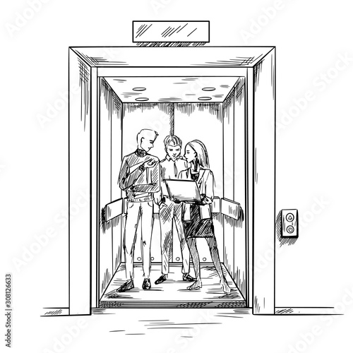 Elevator pitch, people, hand drawn vector image,