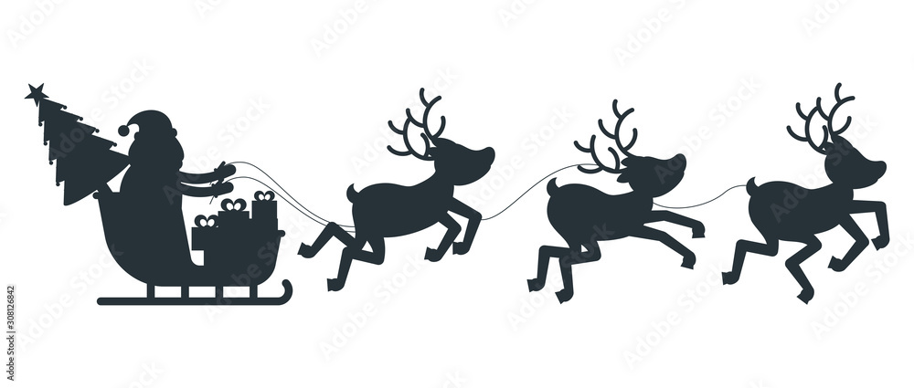 Silhouette of Santa Claus sleigh and reindeer harness. - obrazy, fototapety, plakaty 