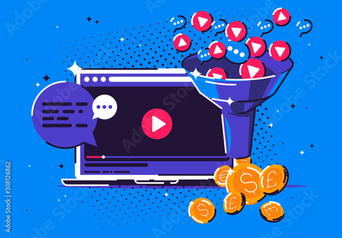 vector illustration video monetization, earn with video content viewing, laptop with video player, funnel