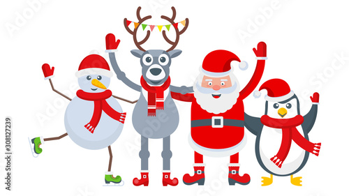 Santa Claus, penguin, snowman and reindeer. Funny characters.