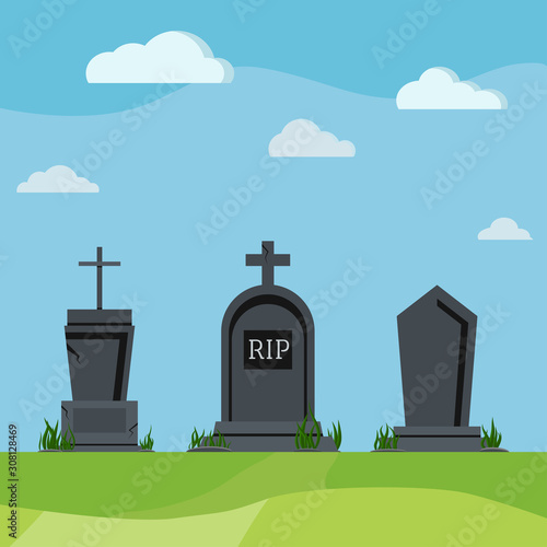 Grey RIP grave tombstones on summer nature scenic background.