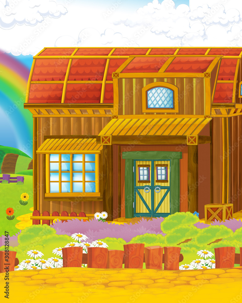 cartoon scene with funny looking farm house on the hill - illustration for children