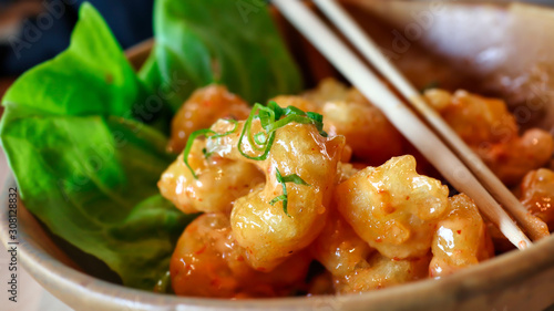 Photos closeup on a dynamite shrimps fresh dish served in a fancy decoration