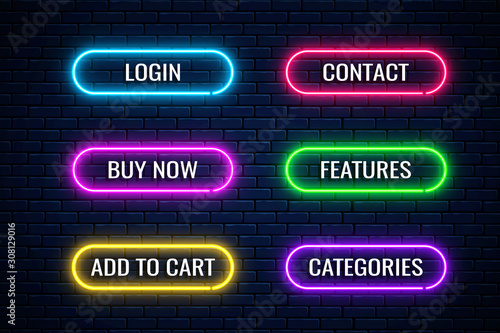 Glow neon buttons for internet store design. Set of website shop button. Vector shiny design elements
