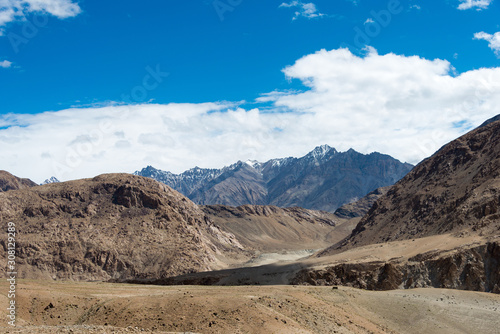 Ladakh, India - Aug 09 2019 - Beautiful scenic view from Between Pangong Tso and Leh in Ladakh, Jammu and Kashmir, India.