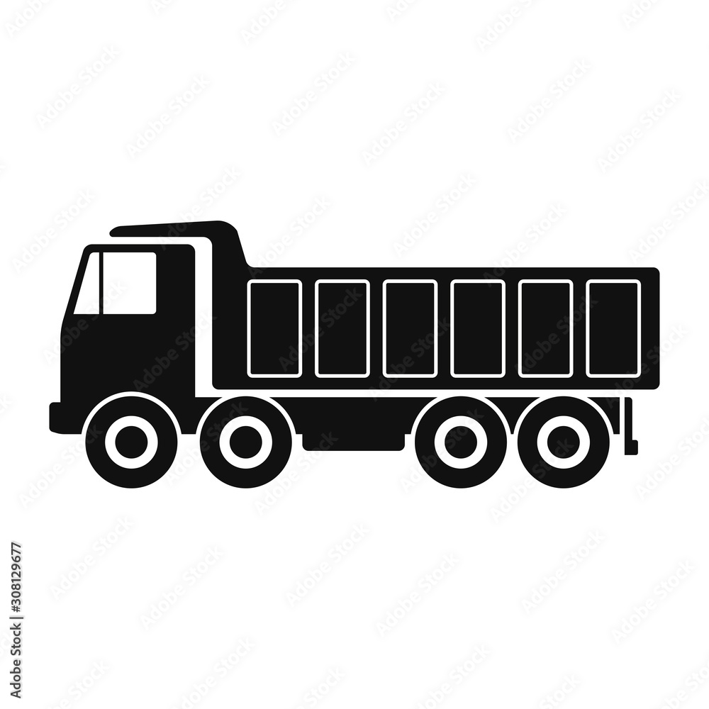 Dump truck icon. Black silhouette. Side view. Vector drawing. Isolated object on a white background. Isolate.