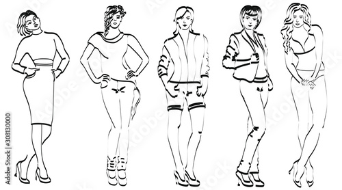 Silhouettes of girls in various poses on a white background. Line work. Black and white.