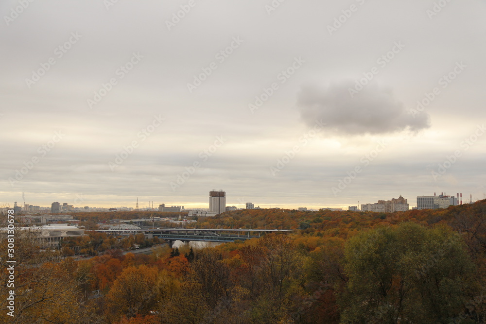 Autumn panorama of Moscow with Shukhov TV-tower and Russian Science Academy building