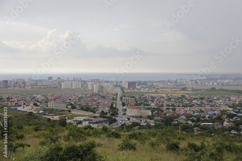 Panoramic view of Anapa city, Black sea coast and creative clouds