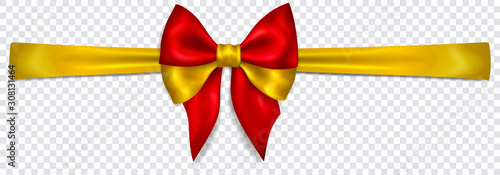 Beautiful bow in colors of Spain flag with horizontal ribbon with shadow on transparent background. Transparency only in vector format