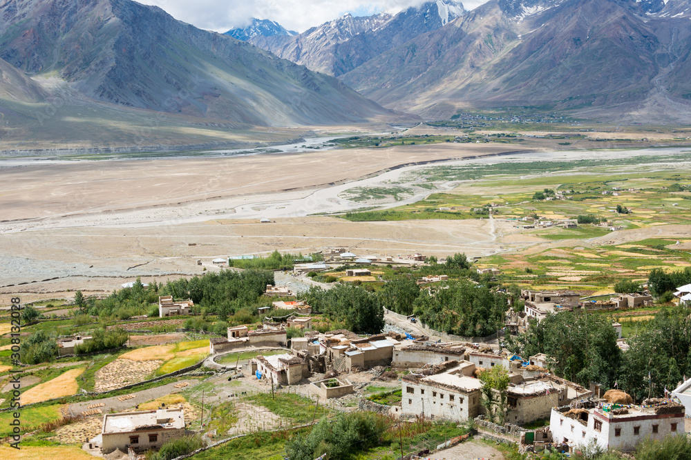 Zanskar, India - Aug 15 2019 - Beautiful scenic view from Kursha Monastery in Zanskar, Ladakh, Jammu and Kashmir, India.