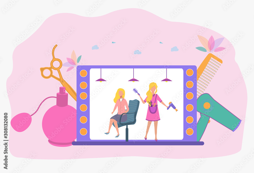 The hairdresser cuts the girl in the salon. Fancy Hairstyle. Beautiful vector illustration. The hairdresser cuts the girl in the salon. Fancy Hairstyle. Beautiful vector illustration.