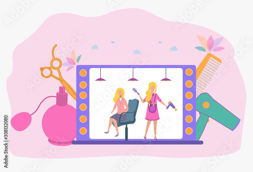The hairdresser cuts the girl in the salon. Fancy Hairstyle. Beautiful vector illustration.