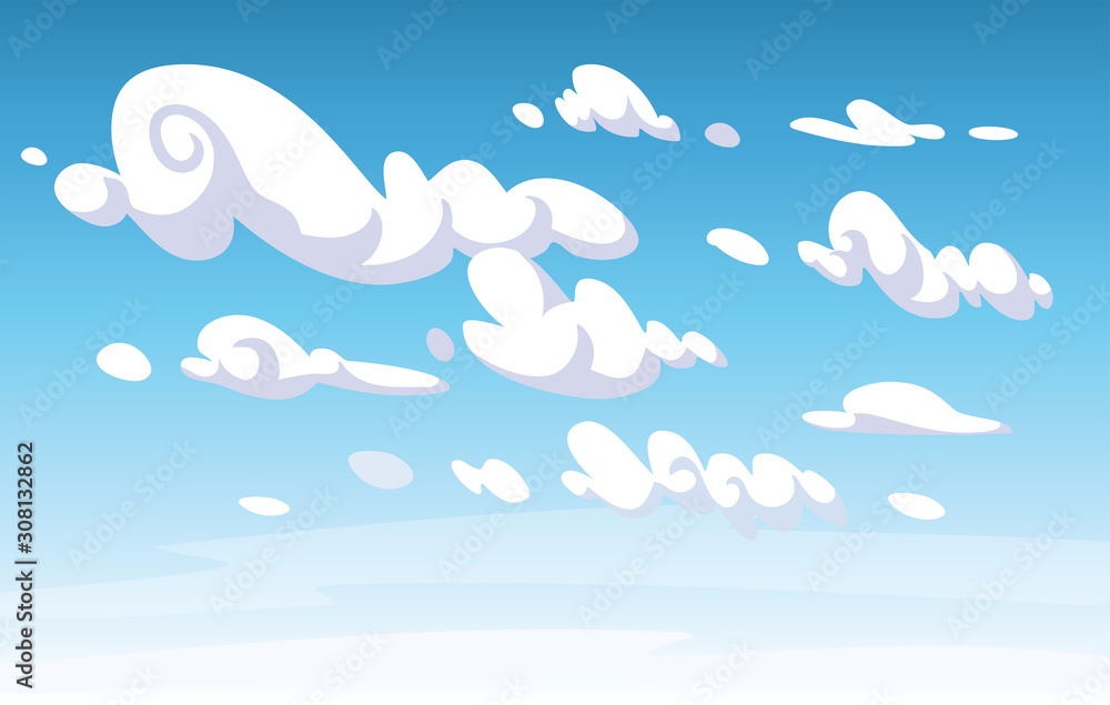 Vector blue sky clouds. Cartoon fun style. Background design