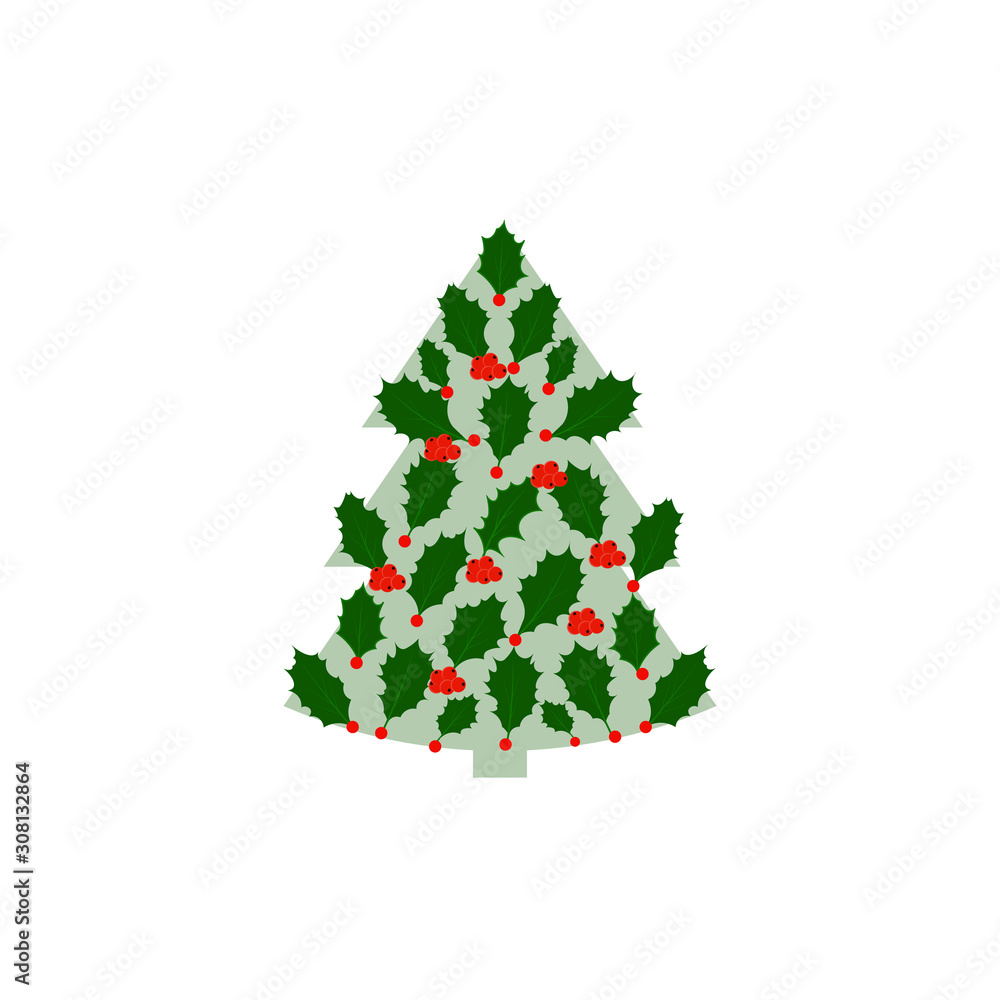 Сhristmas tree. Christmas tree with Holly leaves and berries. Vector. Isolated Сhristmas tree. Christmas tree with Holly leaves and berries. Vector. Isolated