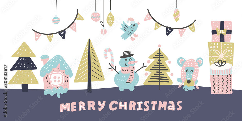 Couple of animals in the winter forest. A snowman and a mouse prepared gifts for a friend. Friends stand under a decorated Christmas tree. new year doodle illustration. Couple of animals in the winter forest. A snowman and a mouse prepared gifts for a friend. Friends stand under a decorated Christmas tree. new year doodle illustration.
