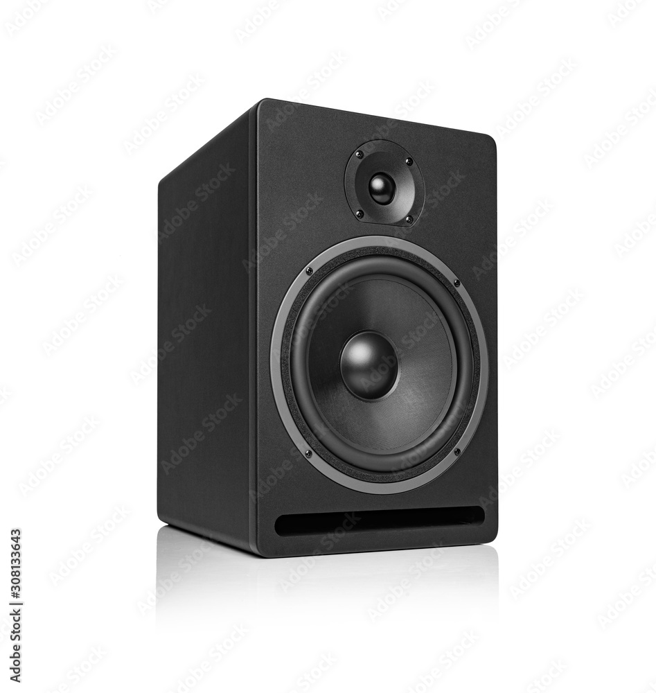 Black speaker isolated on a white background.