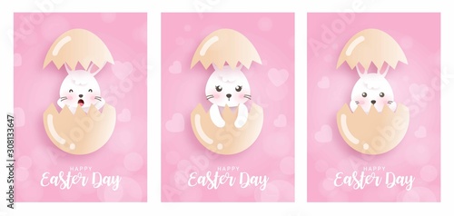 Set of Easter day cards with cute rabbits bunny and Eggs  in paper cut and craft style .