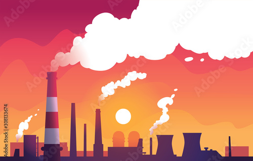 Vector illustration of a factory landscape with pipes and smoke. Minimalist modern style.