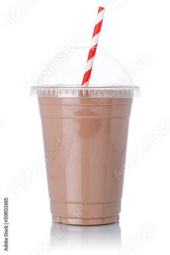 Fotografija Chocolate milk shake milkshake straw in a cup isolated on white