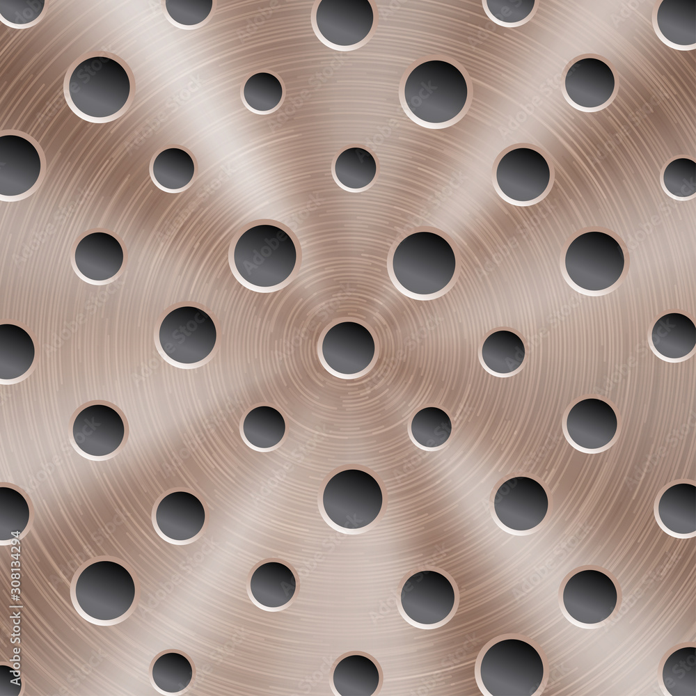 Abstract shiny metal background in bronze color with circular brushed texture and round holes