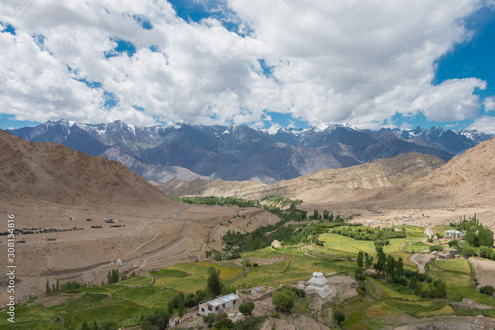 Naklejka premium Ladakh, India - Aug 20 2019 - Beautiful scenic view from Likir Monastery (Likir Gompa) in Ladakh, Jammu and Kashmir, India.