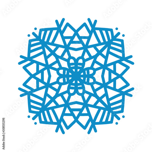 Big blue snowflake icon on white background. Single symmetric flat illustration
