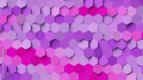 Abstract pink and purple hexagon background; random honeycomb pattern composition 3d rendering, 3d illustration
