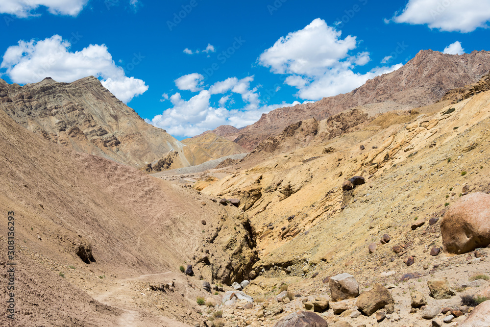 Ladakh, India - Aug 21 2019 - Beautiful scenic view from Between Likir and Yangtang in Sham Valley, Ladakh, Jammu and Kashmir, India.