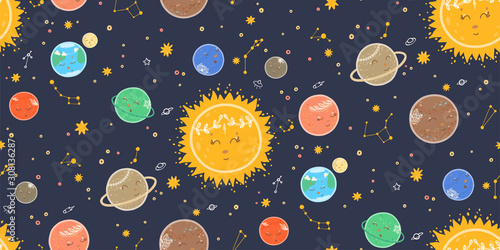 Cute seamless pattern with planets, space, stars, galaxies, constellations.Hand drawn background with sleeping planets.Can be used for childish textile, wrapping paper, baby t-shirt print, kids wear.