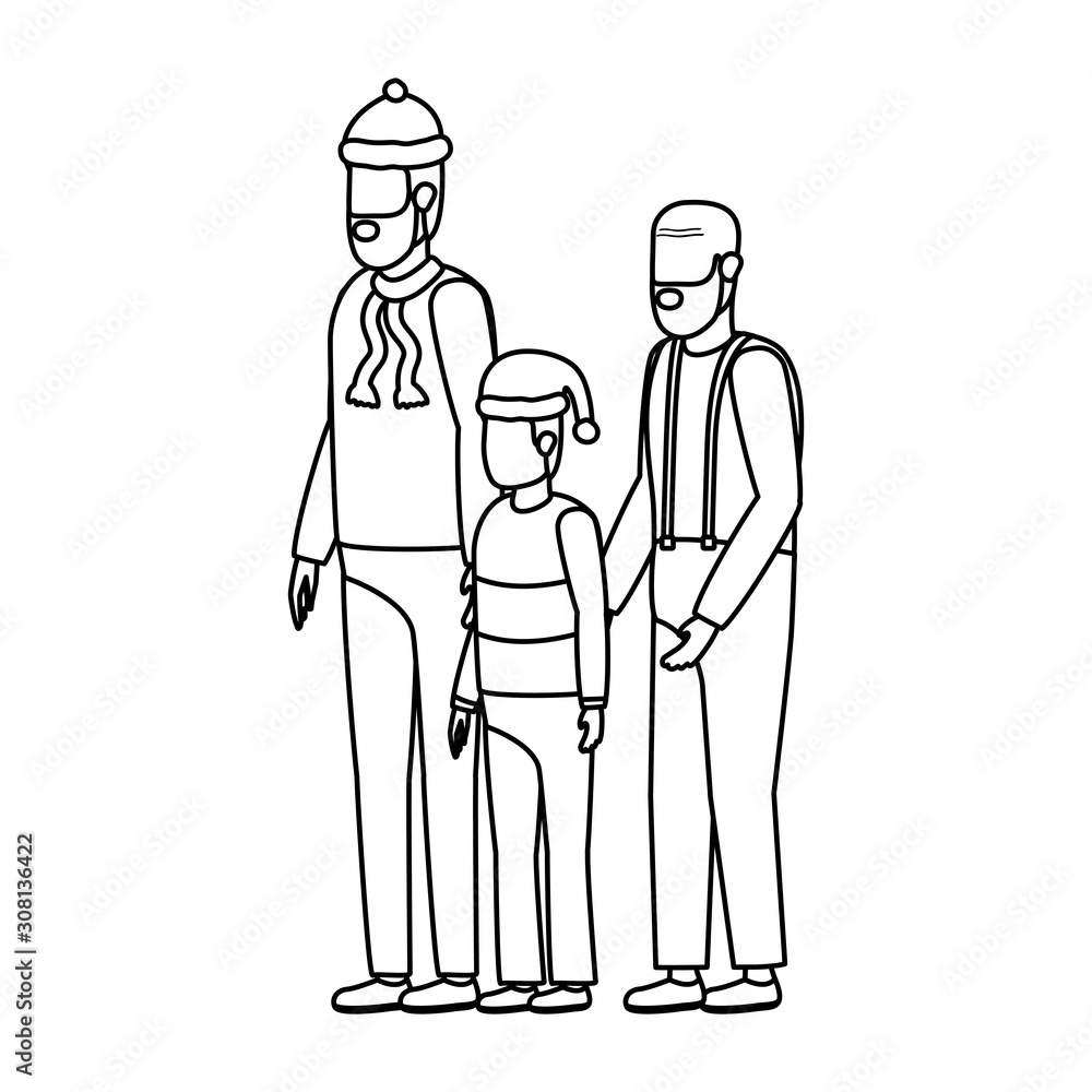 cute grandfather with young son and grandson using christmas hat cute grandfather with young son and grandson using christmas hat