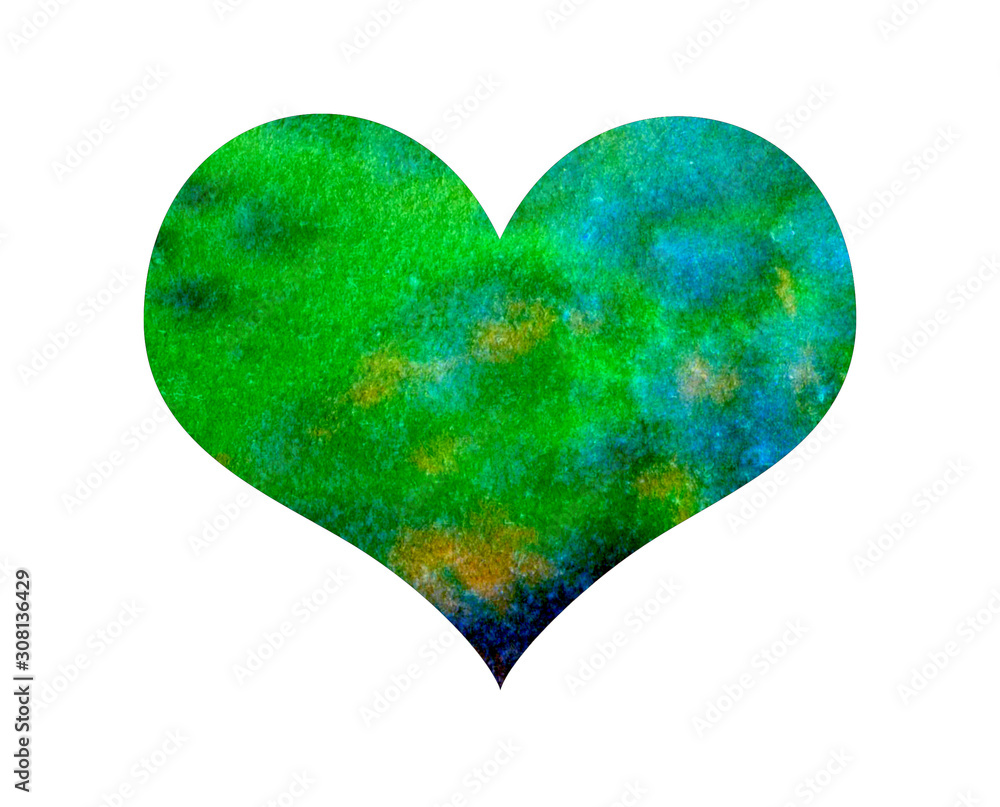 Multicolored hand drawn watercolor blue, green sweet heart heart isolated on white background. Gradient textured brush element for Valentine's Day card, T-shirt design, illustration.
