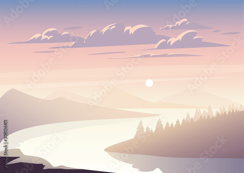 Vector landscape with a river among the forest illustration. Sunset.