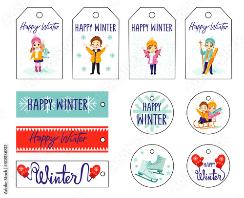 Set of Christmas gift tags with kids, winter paraphernalia and warm wishes. Holiday gift labels for New Year. Journaling tags template with cute cartoon characters. Greeting cards for Christmas time.