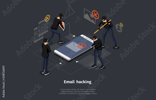 Isometric email hacking concept. Hacked login and password. Network and internet security. Anti virus, spyware, malware. Flat style. Vector illustration