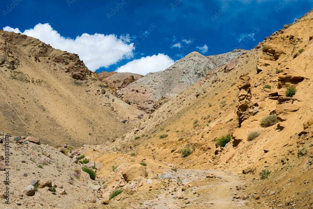Ladakh, India - Aug 21 2019 - Beautiful scenic view from Between Likir and Yangtang in Sham Valley, Ladakh, Jammu and Kashmir, India. Ladakh, India - Aug 21 2019 - Beautiful scenic view from Between Likir and Yangtang in Sham Valley, Ladakh, Jammu and Kashmir, India.