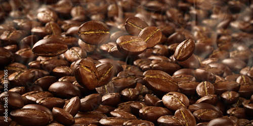 Roasted Coffee Beans in roast process. Fragrant coffee drink ingredient with hot smoke and falling down beans. Realistic close-up. 3d rendered illustration.