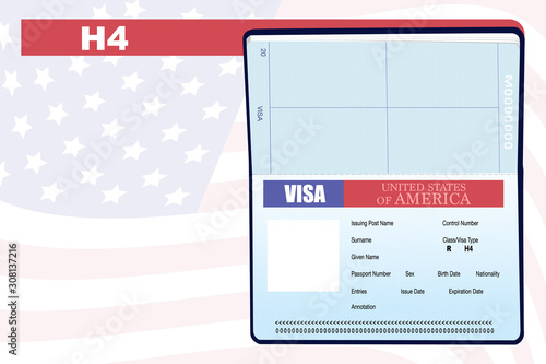 Passport/American VISA page for the Class R, Visa Type/H4, is issued to dependent family members (spouse and children) of H1 visa holders who would like to accompany the H1B visa holder. Copy Space 