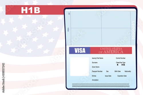 Mockup illustration of American VISA page for the Class R, Visa Type/H1B, specialty occupation visa for the highly skilled foreign workers, to work and stay in the USA for a period of time. Copy space