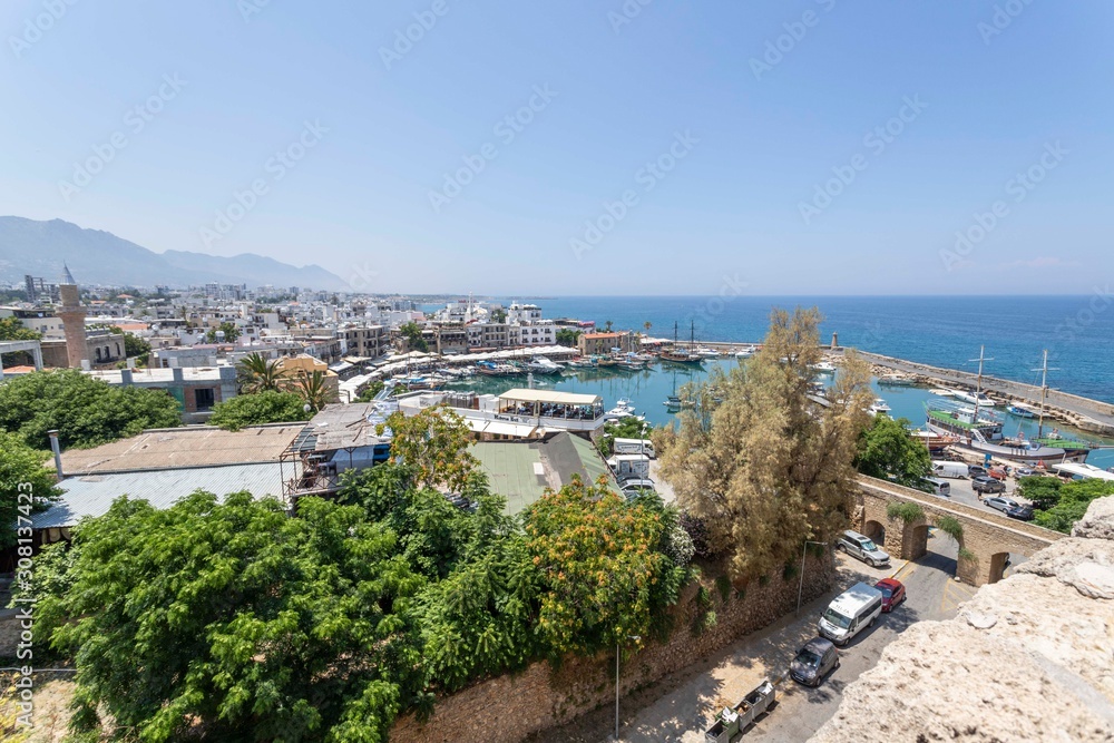 panorama of the old harbor in Kyrenia, cyprus