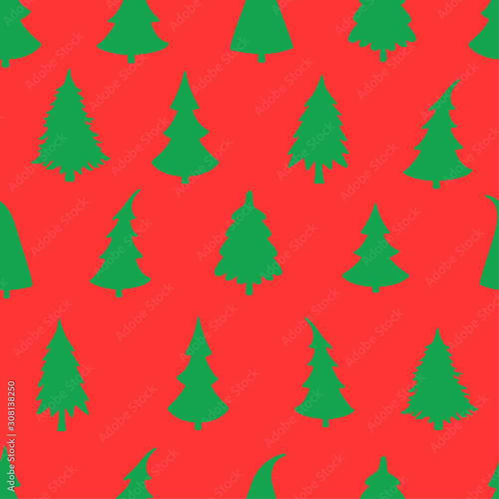 Vector seamless pattern with Christmas tree on red background. Can be used for wallpaper, pattern fills, web page, surface textures, textile print, wrapping paper