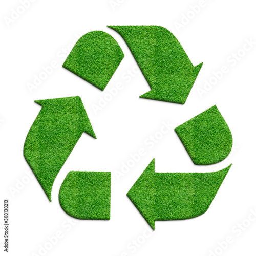 Recycle icon - 3D recycle icon with grass effect ad real shadow isolated on white background, go green