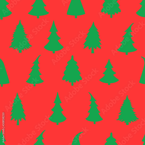 Vector seamless pattern with Christmas tree on red background. Can be used for wallpaper, pattern fills, web page, surface textures, textile print, wrapping paper