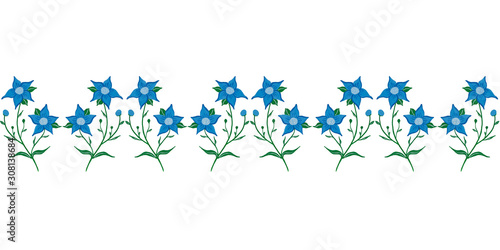 Border seamless frame. Pattern with cute blue flowers on a white background. Inspiration by wildflowers. For textiles  packaging  invitations  wedding and holiday decor.