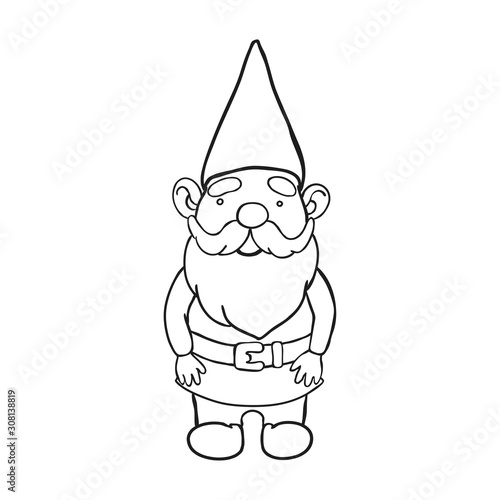 Vector outline illustration of garden gnome. Cute fairytale character