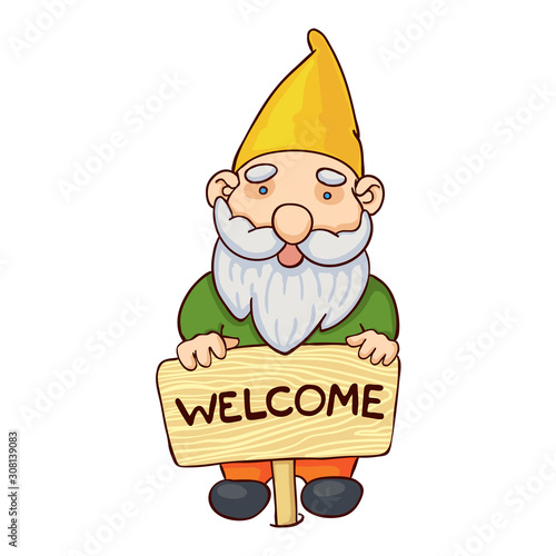 Vector colorful illustration of garden gnome stands with a pointer welcome. Cute fairytale character