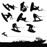 Vector wakeboarding silhouettes of in-air action and a boat pulling a wakeboarder.