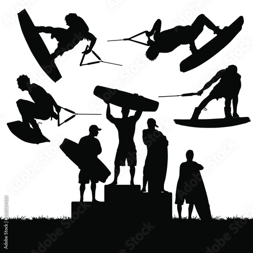 Vector wakeboarding silhouettes of in-air action and athletes standing on an award podium.