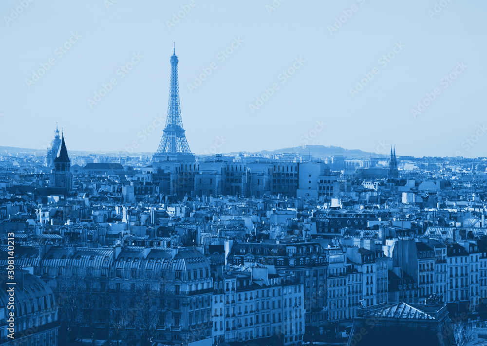 Eiffel Tower and roofs of Paris  in blue monochrome color tone